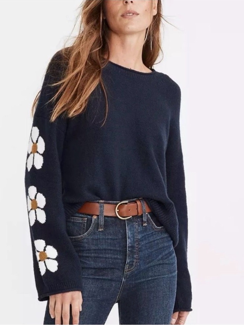 Madewell Belmore Floral Sleeve Pullover Sweater in Coziest Textured Yarn size XX